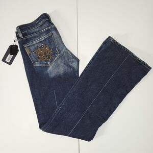 PAIGE BBL Booty Contouring Stretch Dark Blue Jeans with Gold Embroidery LIKE NEW